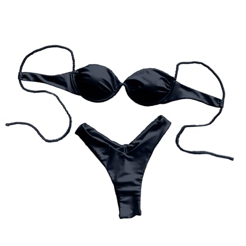 PTILSERY Damen-Bikini-Set, Schnürung, einfarbig, Bademode, Tanga, Badeanzüge, sexy, kleine Brust, gerafft, Badeanzug, Wickel-Badeanzug