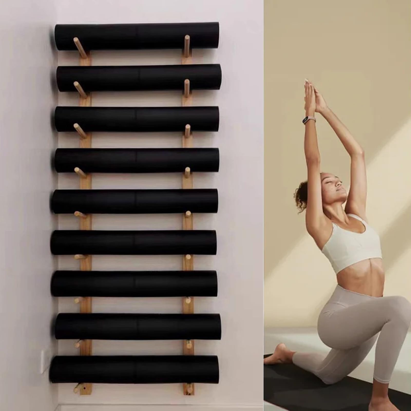 LESBJFDM Yogamattenhalter aus Holz, Wandhalterung, Heim-Fitnessstudio-Aufbewahrungsregal, Fitnessstudio-Organisation, Yogamattenhalter für Yoga-Raum/Heim-Fitnessstudio-Dekor