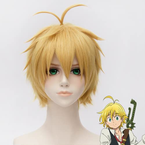 LINLINCD-Anime Coser Anime Cosplay The Seven Deadly Sins Meliodas Perücken Blondes kurzes Haar mit Perückenkappe for Halloween Party Karneval Nachtleben