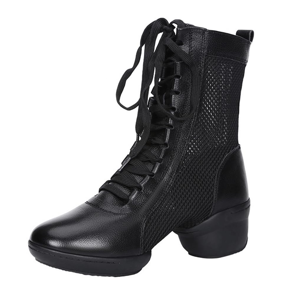 VEACAM High-Top-Jazz-Tanzstiefel, Ballett-Tanz-Turnschuhe Mit Geteilter Sohle Für Damen Atmungsaktive Ballsaalschuhe Aus Leder Frühling Sommer,Schwarz,39 EU