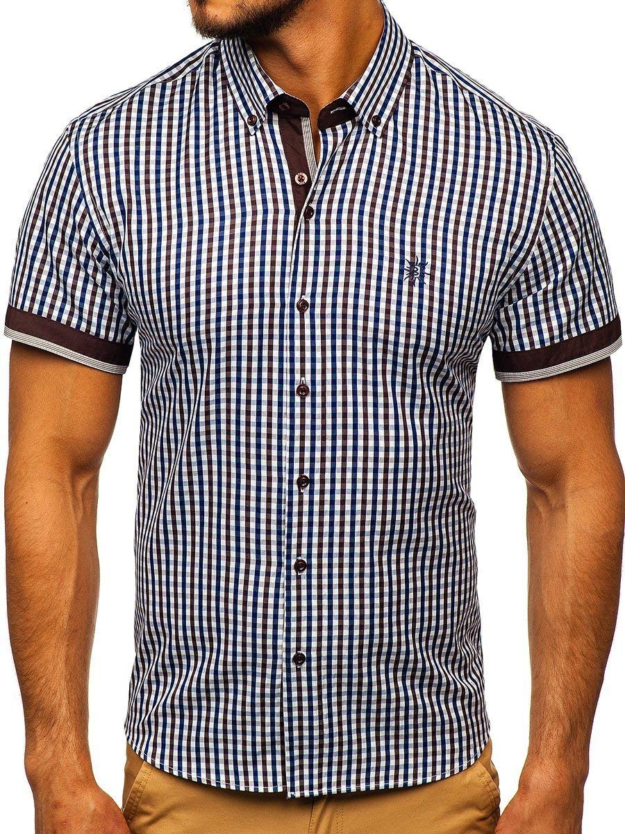 BOLF Herren Hemd Langarm Kariert Trachtenhemd Karo-Look Vichy-Muster Casual Style Freizeit Klassiker 4510 Braun L [2B2]