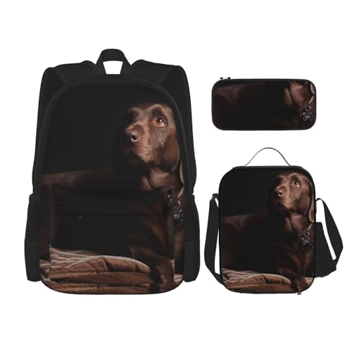 DENMER Mehrzweck-Schultasche mit passendem Federmäppchen und Lunchtasche, stilvolle All-in-One-Lösung, Braun Labrador Retriever, Einheitsgröße