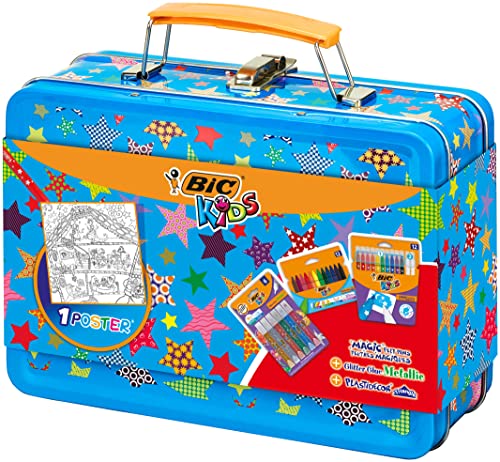 BIC Kids Stifte Set: 12 Magic Filzstifte, 6 Glitzerkleber, 12 Ölmalkreiden und 1 Ausmal-Poster in praktischem Malkoffer