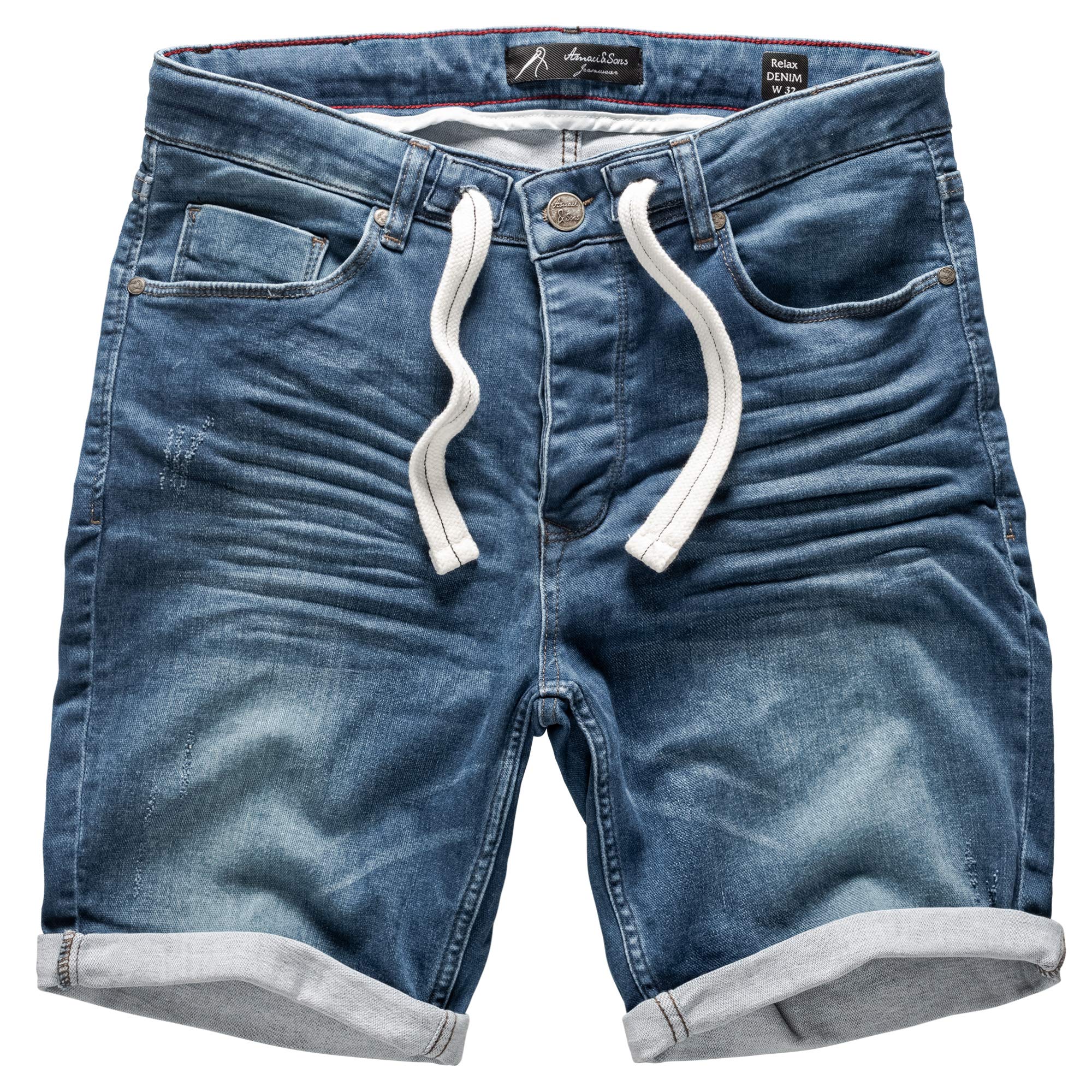 Amaci&Sons Herren Jeans Shorts Kordel Destroyed Kurze Hose Sommer Bermuda Verwaschen J5001 H-Blau W38