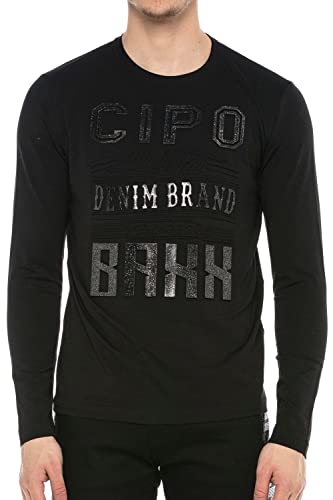 Cipo & Baxx Herren Longsleeve Langarmshirt Sweater Pullover Sweatshirt mit Marken Logo Schwarz XL