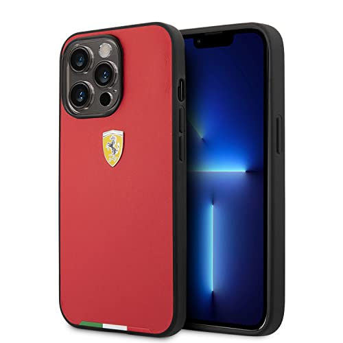 CG MOBILE Ferrari Schutzhülle für iPhone 14 Pro in Rot mit italienischer Flagge Linie, PU-Leder Schutzhülle mit einfachem Snap-on, Stoßdämpfung & Signature Logo