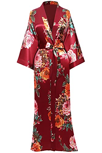 Babeyond Kimono-Bademantel, lang, Blumenmuster, für Brautjungfern, Hochzeit, Junggesellinnenabschied, 134,6 cm - Rot - Eine Größe passt meistens