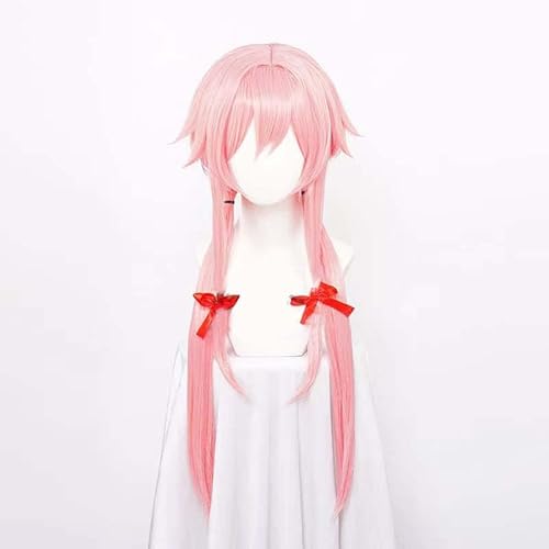 WCCNKK Anime Cosplay Perücke for Mirai Nikki Gasai Yuno Cosplay-Perücke, Langes Rosa Haar Mit Rotem Band, Kostüm-Halloween-Perücke, Kostümparty, Anime-Show, Anime-Geschenk