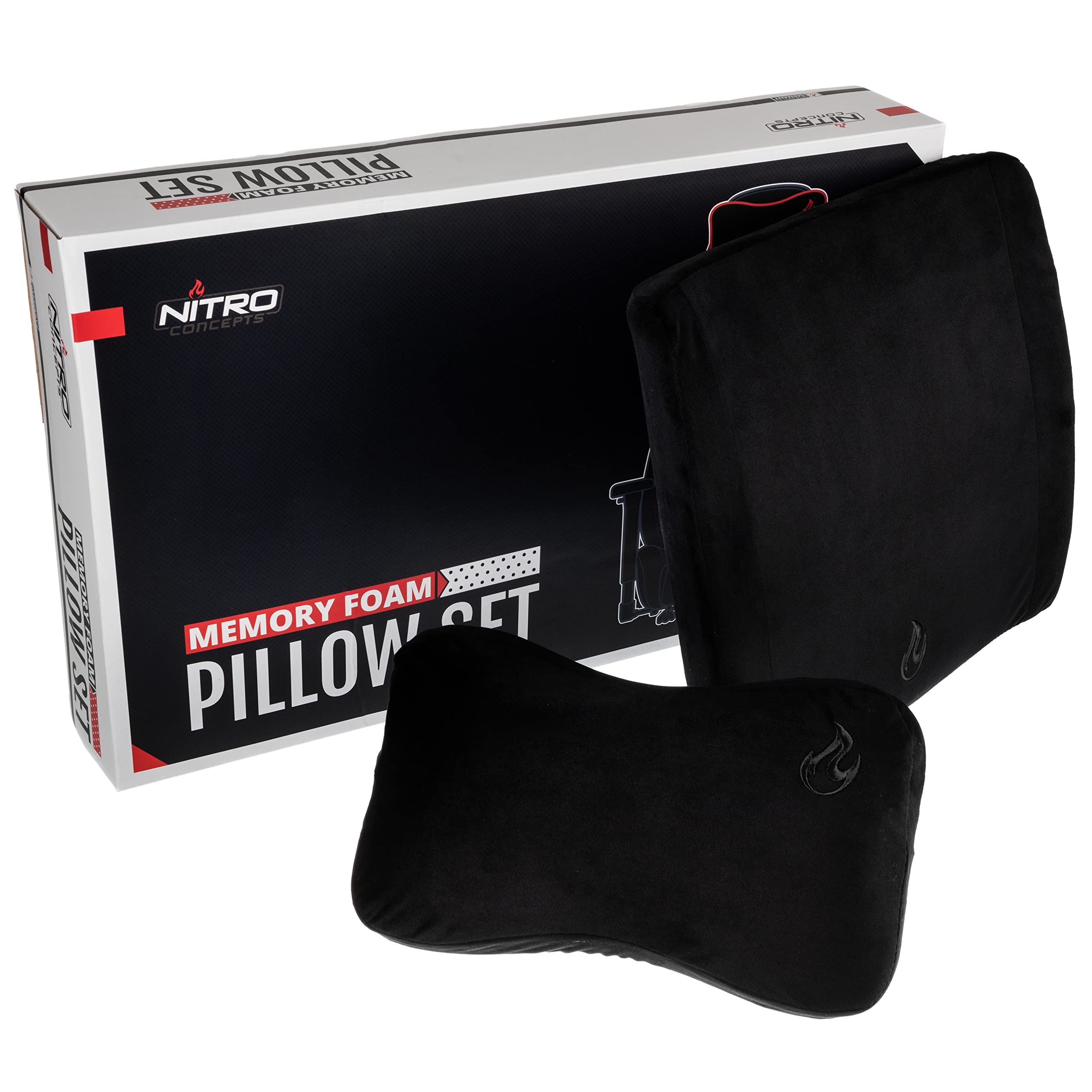 NITRO CONCEPTS - Memory Foam Cushion Set für Gaming Stuhl Kissen Perfekt Lumbar Support Ergonomisches Nackenkissen für Gaming-Stuhl Bürostuhl Zubehör - Schwarz