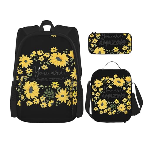 WURTON Wild Daisy Flower Print Verstellbare Schultergurte Rucksack Set Mittagessen Tasche Federmäppchen Kombination Taschen Set