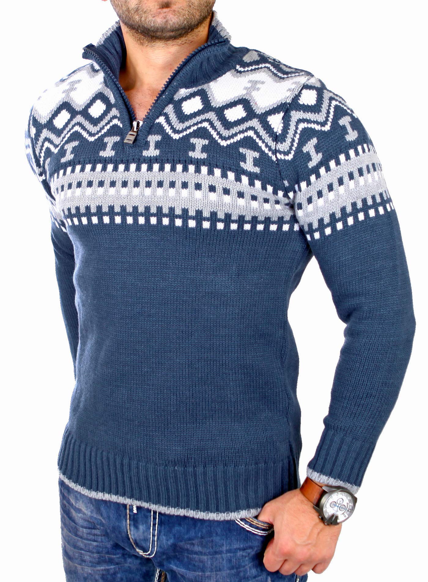 Reslad Herren Strickpullover Crewneck Zipper Norweger Pullover RS-3110 Blau 2XL