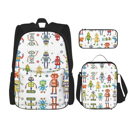 WURTON Niedlicher Cartoon-Roboter-Druck Rucksack Mädchen Jungen Schultaschen Teenager Lunchbox und Federmäppchen 3 in 1 Büchertaschen Set