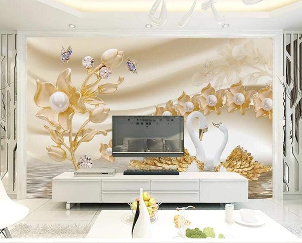 Goldene Blumen Schwäne Schmetterlinge 3D Tapete Poster Restaurant Schlafzimmer Wohnzimmer Sofa TV Dekorative Wand-250cm×170cm