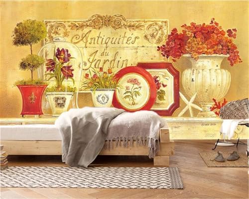 Vintage Rote Blumen Topfpflanzen 3D Tapete Poster Restaurant Schlafzimmer Wohnzimmer Sofa TV Dekorative Wand-300cm×210cm