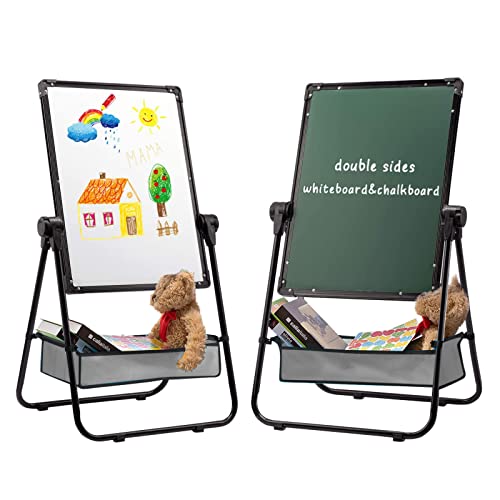 DOEWORKS Kinder Whiteboard Staffelei Doppelseitiges Staffelei Kinder Whiteboard & Kreidetafel Magnetische Whiteboard mit Komplett-Set Höhenverstellbar und 360 ° Drehbar, Schwarz