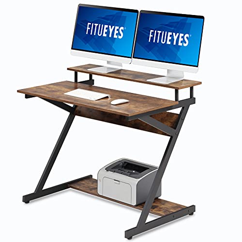 FITUEYES Z-Schreibtisch mit zweistufiger Tischplatte, Computertisch mit Monitor Riser, Holz bürotisch Haus Büro, Lagerung Workstation Tabelle Studiertisch für Home Office 100x60x84cm