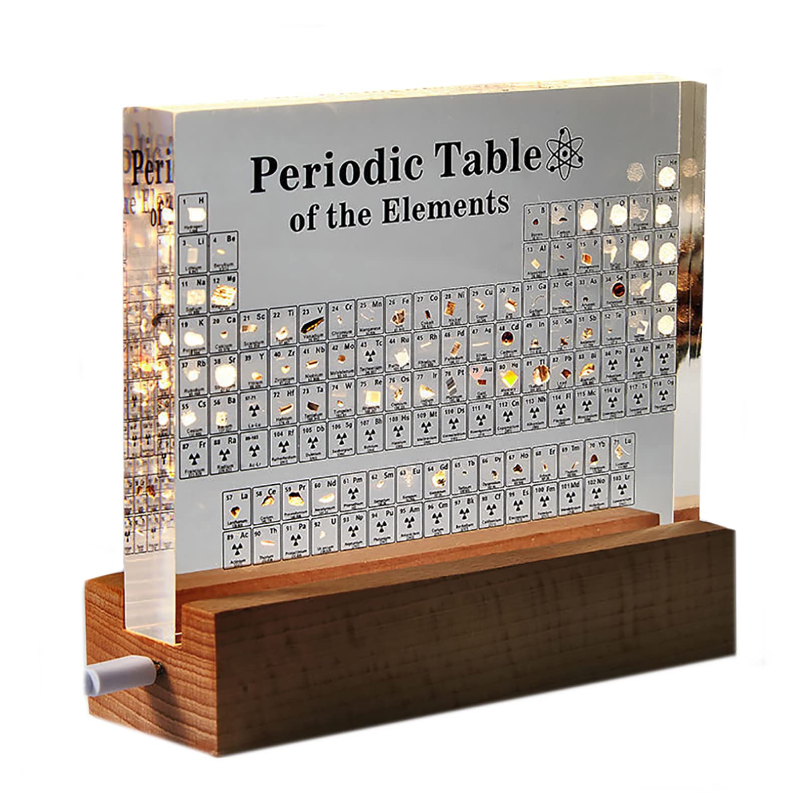 HGUIM Periodensystem mit Echten Elementen, Acryl Periodensystem with 83 Elementen mit Holzhalter Bunte für Schüler Lehrer Handwerk Dekor Chemie Tool,Clear