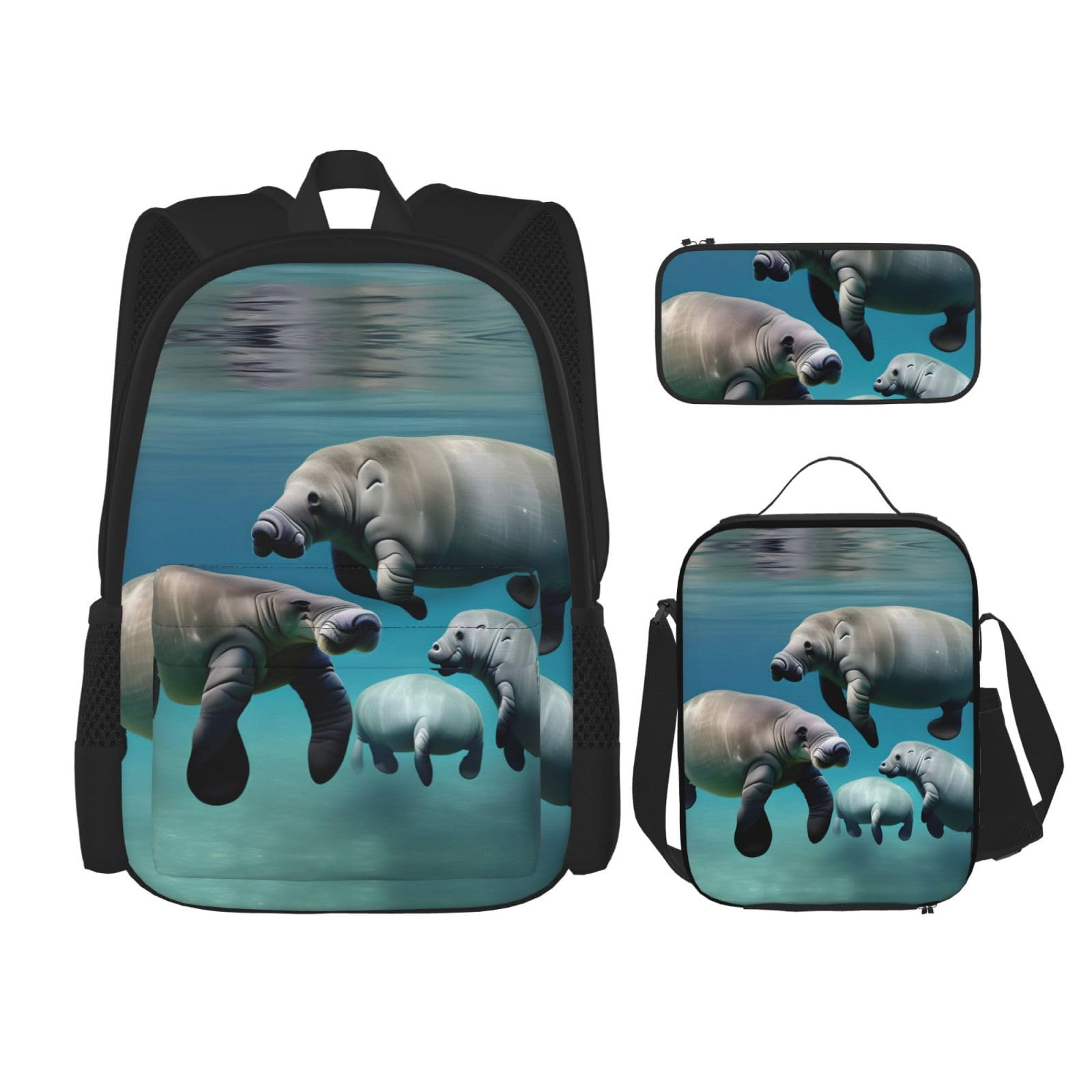 WURTON Seekuh Tiere Druck Reise Lunchbox Federmäppchen Rucksack Set 3 Stück Verstellbare Träger Leicht