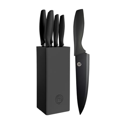 MasterChef Messerblock mit Messer Kuchenmesser Set mit Santokumesser, Brotmesser, Kochmesser, Gemüsemesser und Allzweckmesser, Edelstahl, Scharfes, 5-teilig, Schwarz, Soft-Touch-Griffe