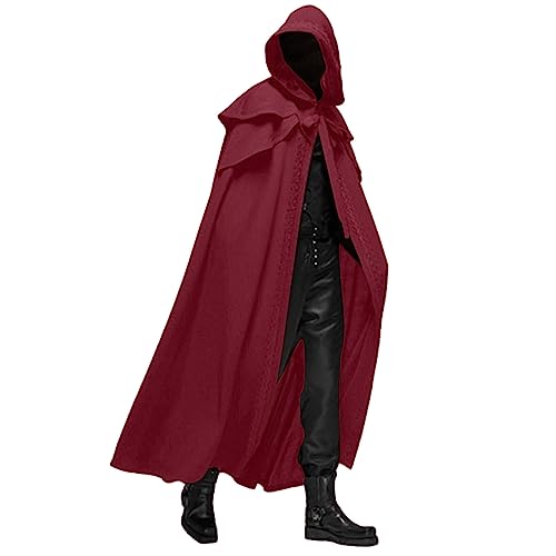 WANGTIANXUE Herren Mittelalter Umhang Rot Halloween Umhang mit Kapuze Faschingskostüme Männer Cape Erwachsene Kapuzenumhang für Renaissance Halloween Karneval Cosplay Kostüm