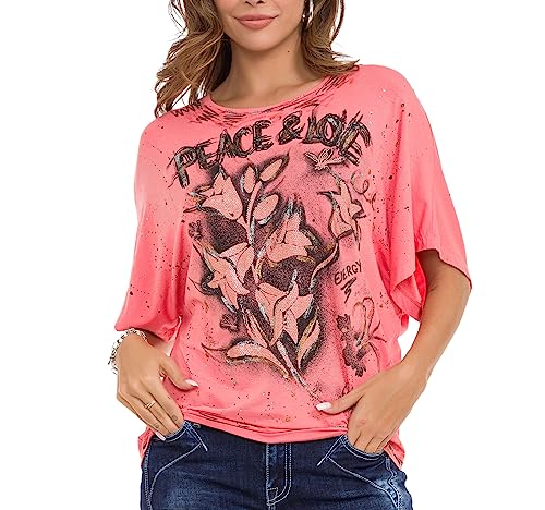 Cipo & Baxx Damen T-Shirt Rundhals Freizeit Shirt Kurzarm Baumwolle WT336 Salmon S