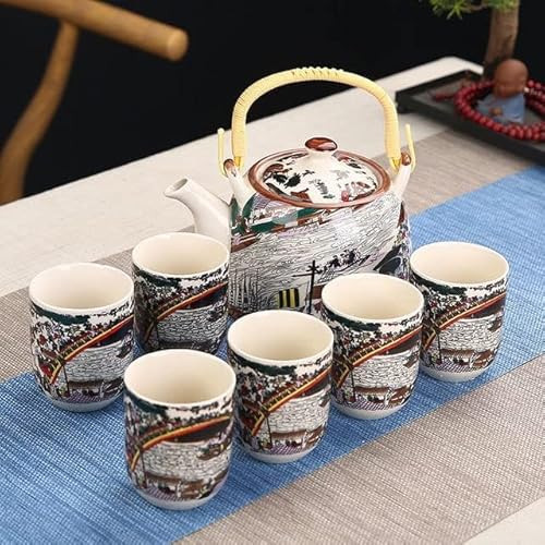 1 Kanne und 6 Tassen, kreatives Keramik-Tee-Set, handgefertigte Teekanne, Tasse, chinesisches Porzellan, Geschenk, GungFu Blumen-Tee, Teegeschirr, Büro, Reisen, Teegeschirr, Flussufer-Szene,