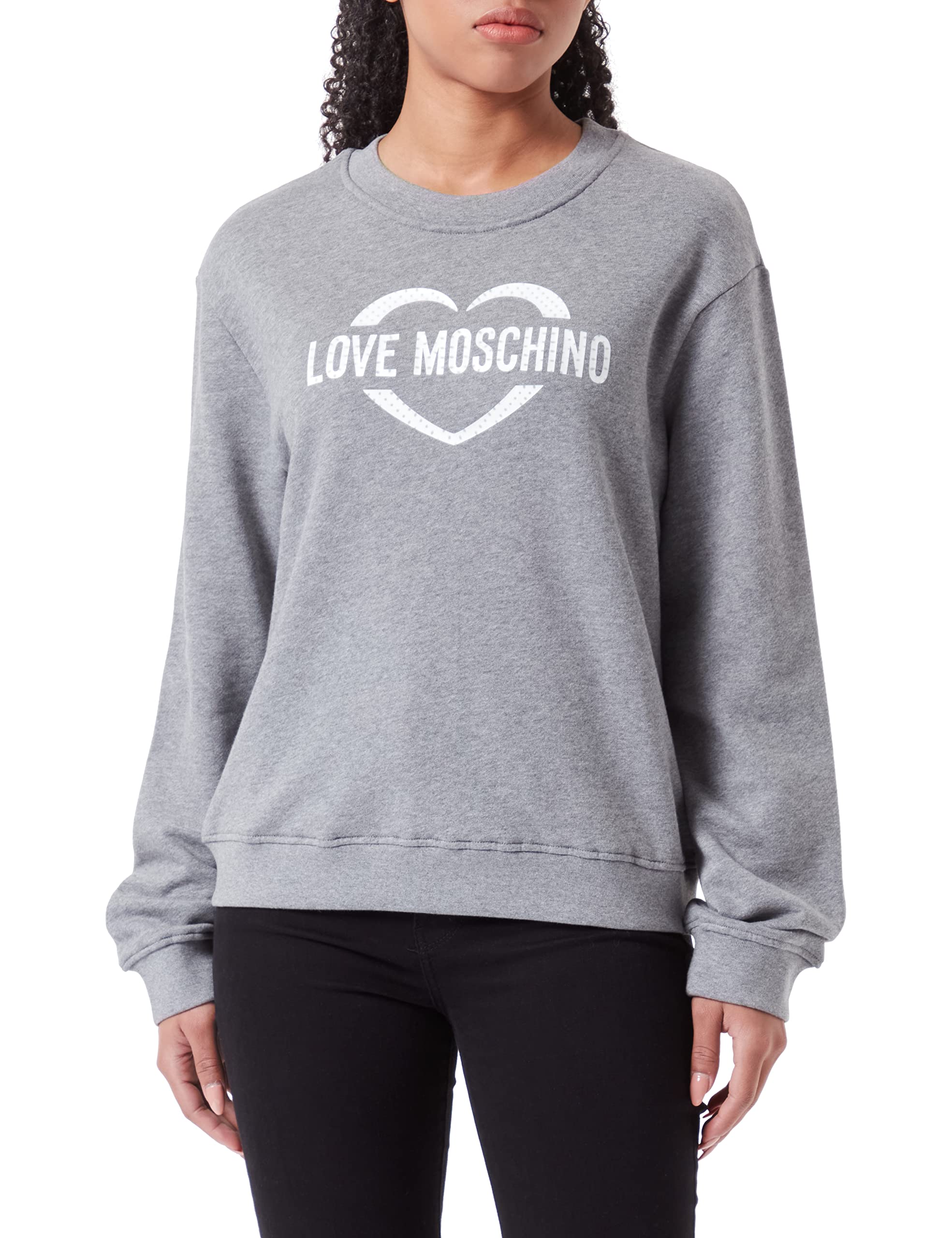 Love Moschino Women's Regular fit Roundneck Long-Sleeved with Heart Holographic Print Sweatshirt, MEDIUM Melange Gray, 40