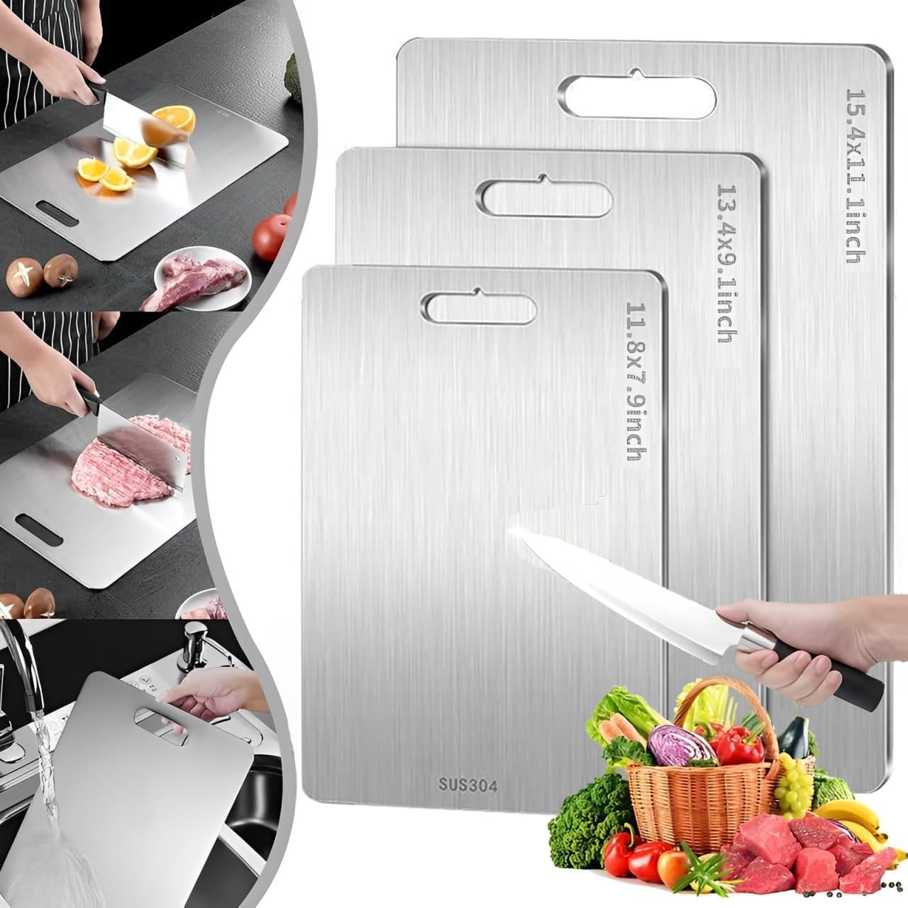 Titan Schneidebrett, 100% Reine Titanium Cutting Board, 304 Edelstahl Doppelseitiges Lebensmittel Grade Schneidebrett, Schneidebrett Metall für Fleisch, Brot, Gemüse, Obst Schneiden (3 Stück)