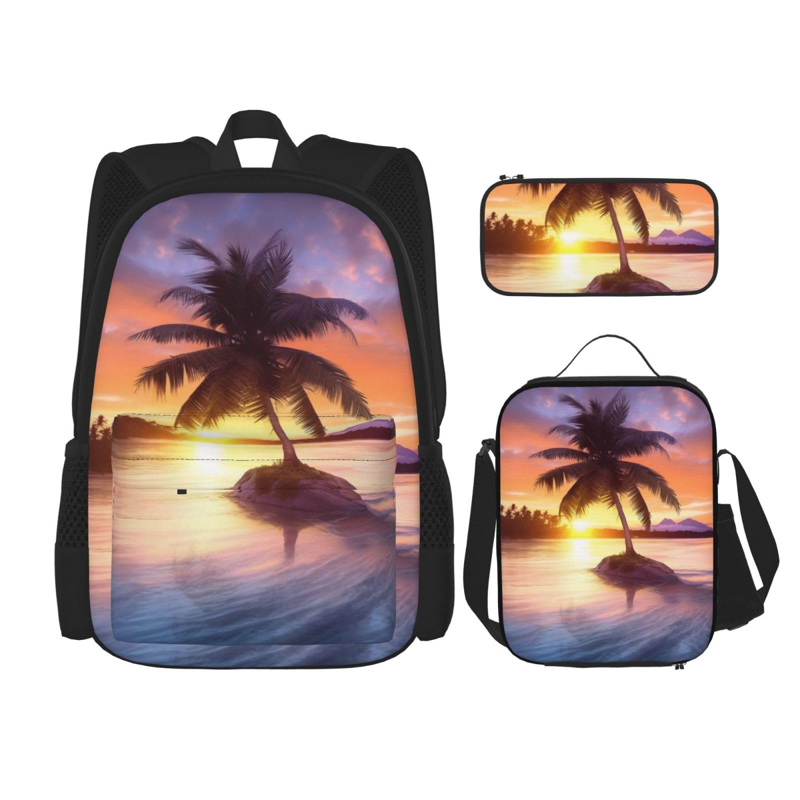 DENMER Mehrzweck-Schultasche mit Holzmaserung und passendem Federmäppchen und Lunchtasche - Ihre stilvolle All-in-One-Lösung, Sunrise Tropical Palmeninsel, Einheitsgröße