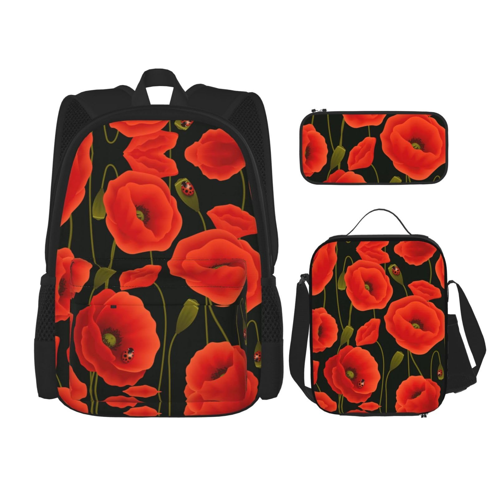 WURTON 3-in-1-Set mit Mohnblumen-Aufdruck, lässig, verstellbar, Schulter-Rucksack, Lunch-Tasche, Federmäppchen, Beutel, Schwarz, Einheitsgröße