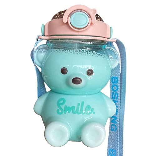 Kawaii Bären Trinkflasche mit Stroh, Tragbare Cartoon wasserflasche mit verstellbarer Schultergurt Für Schul im Freien Reise picknick