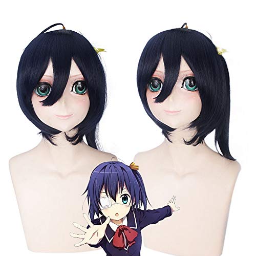 LINLINCD Takanashi Rikka Gerade Dunkelblau Cosplay Perücke Synthetische Haar Hitzebeständige Anime Halloween Karneval Perücken Für Frauen 40 cm