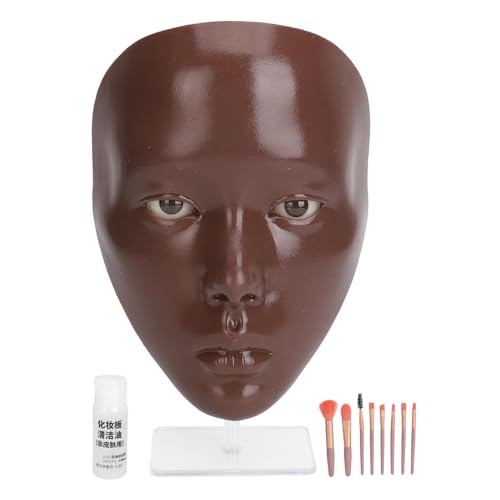 5D-Silikonsimulation Vollgesichts-Make-up-Übungspanel + Halterung + 20 ml Make-up-Entferneröl + 8-teiliges Make-up-Pinsel-Set für Anfänger zum Üben von Modellmasken (Schwarze Haut)