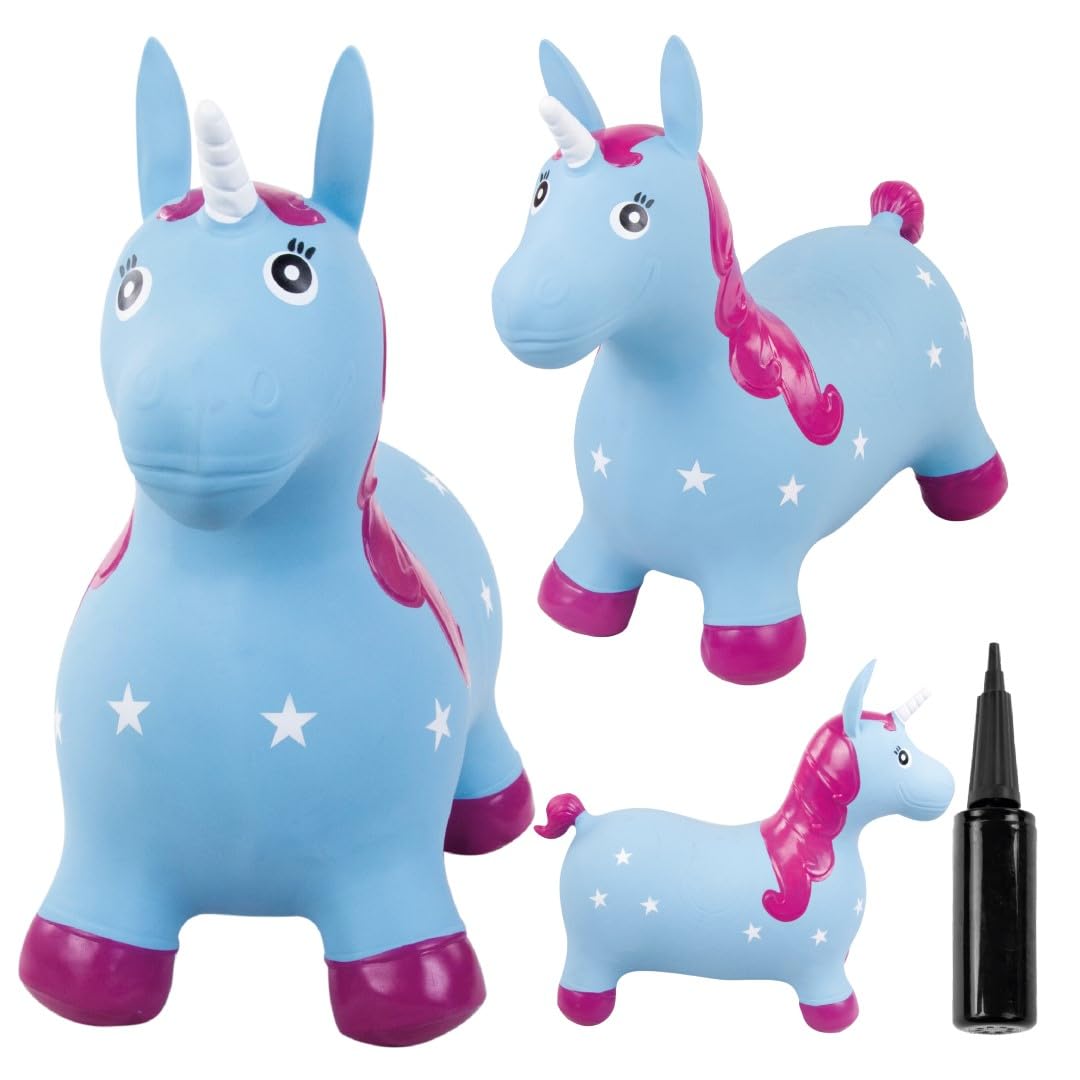 sun baby Hüpftiere ab 1 Jahr mit Pumpe aufblasbares Hüpfspielzeug aus Hochwertigem und Strapazierfähigem Gummi, Verschiedene Designs (Blaues Einhorn)