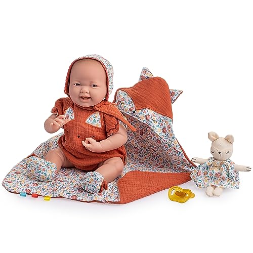 JC TOYS La Newborn Puppe für Neugeborene, 38 cm, weicher Körper, Kollektion Nature, mit Blumenbekleidung, Schnuller und Plüsch, entworfen in Spanien von Berenguer, 2 Jahre