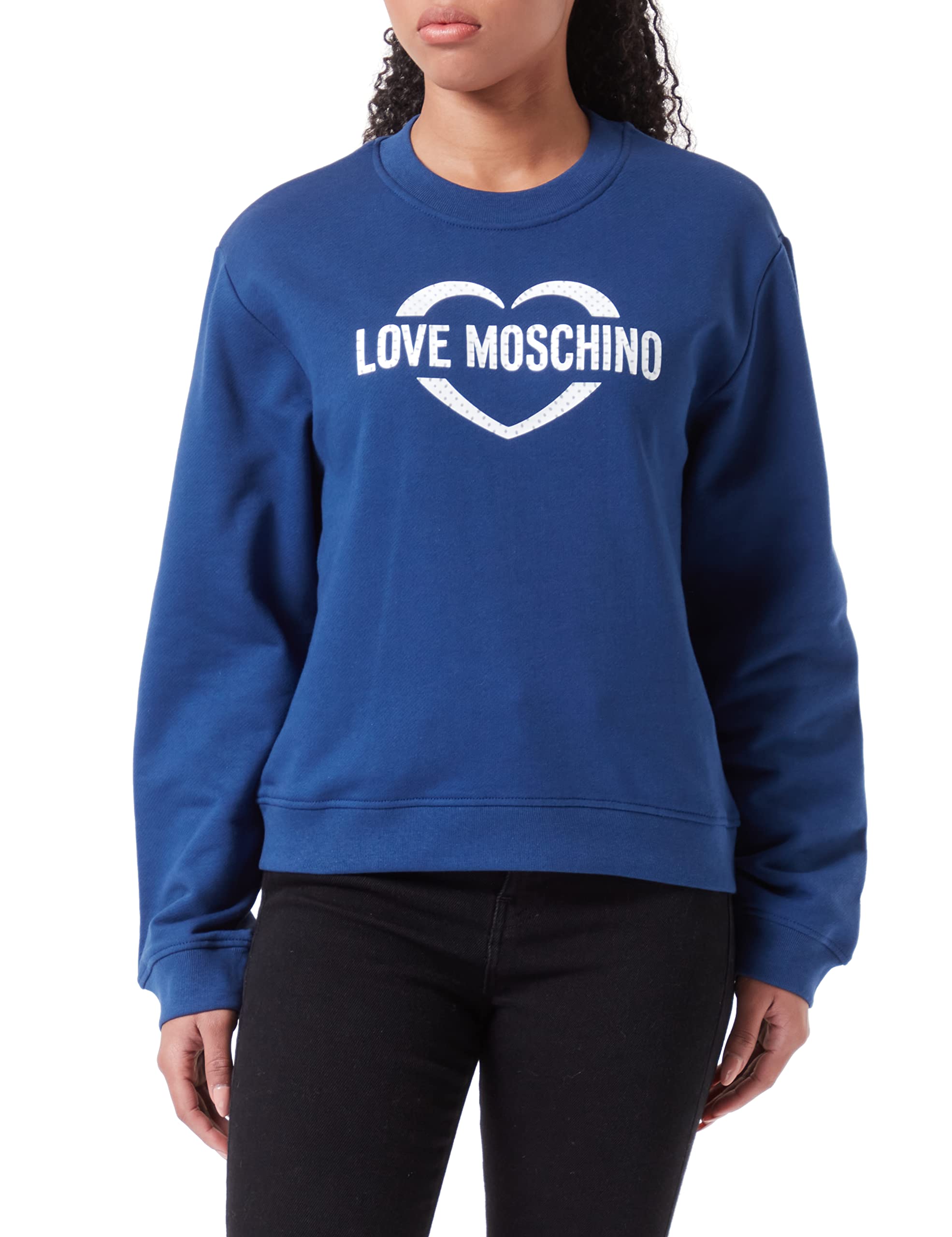 Love Moschino Women's Regular fit Roundneck Long-Sleeved with Heart Holographic Print Sweatshirt, Blue, 40