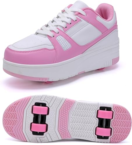 Kinder-Rollschuhe 4-Rad-verstellbare einziehbare Technologie Herren- und Damen-Inline-Skates Zwei-in-Eins-Mehrzweck-Vierrad-unsichtbare Rollschuhe Sportschuhe Outdoor-Trainingsschuhe,Pink B-32 EU