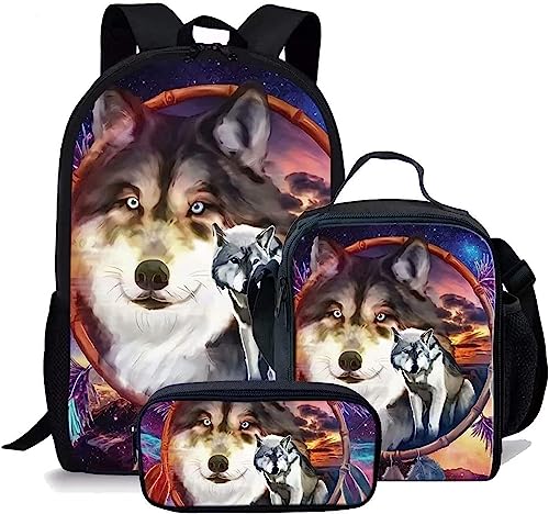 Wolf Schulranzen Set für Jungen Mädchen,3er Pack Schulrucksack Lässiger Tagesrucksack,Grundstufe Kinder Kinder Isolierte Brotdose,Bleistiftetui (A3,12.6inx5.5inx17in)