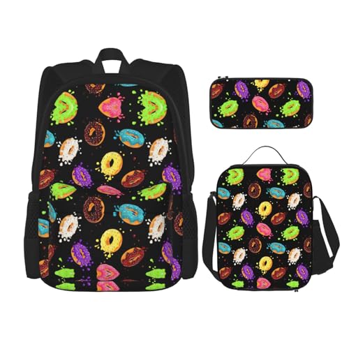 WURTON Rucksack mit Donut-Druck, für Mädchen, Jungen, Schultaschen, Teenager, Lunchbox und Federmäppchen, 3-in-1-Büchertaschen-Set