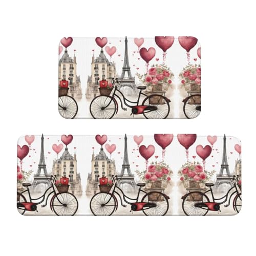 YQxwJL Love Paris Küchenteppich, Motiv: Turm, Kaffee, Wein, Parfüm, Fahrrad, Herz, rutschfest, 2er-Set, bequeme Stehmatten für Küche, Büro