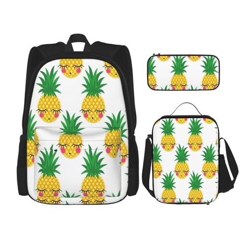 WURTON Pineapple1 trendiger Rucksack, Tasche, Lunchbox und Federmäppchen, 3-in-1, verstellbares Rucksack-Set