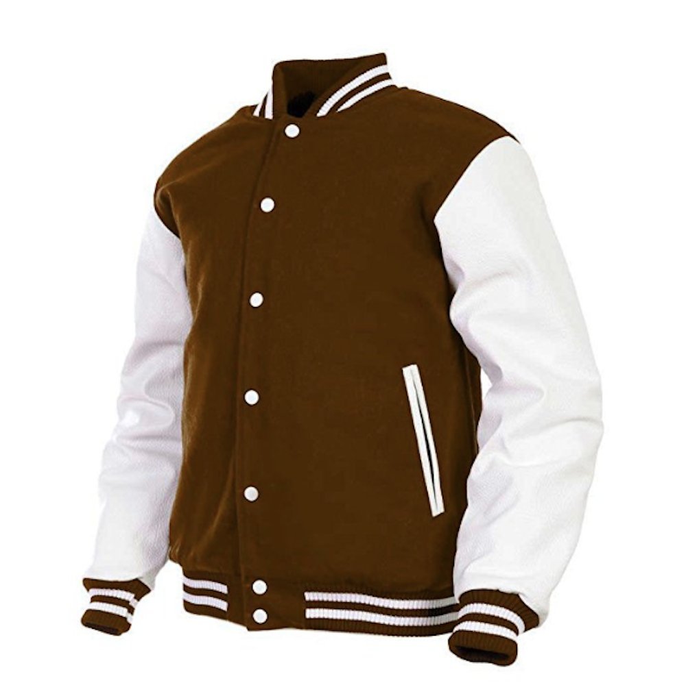 Herren Varsity Jacke Echtleder Ärmel und Wollmischung Letterman Jungen College Varsity Jacken XXS-5XL - Braun - XX-Large