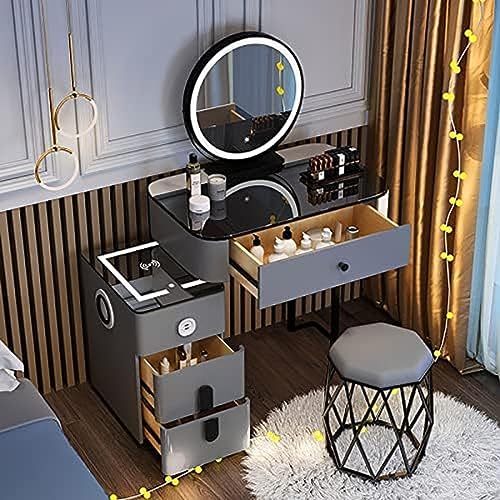 Schminktisch mit 3-farbig beleuchtetem Spiegel, Make-up-Schminktisch-Set mit kabelloser Ladestation und Bluetooth-Lautsprecher, 5 Schubladen, beweglicher Nachttisch, Schminktisch mit Hocker