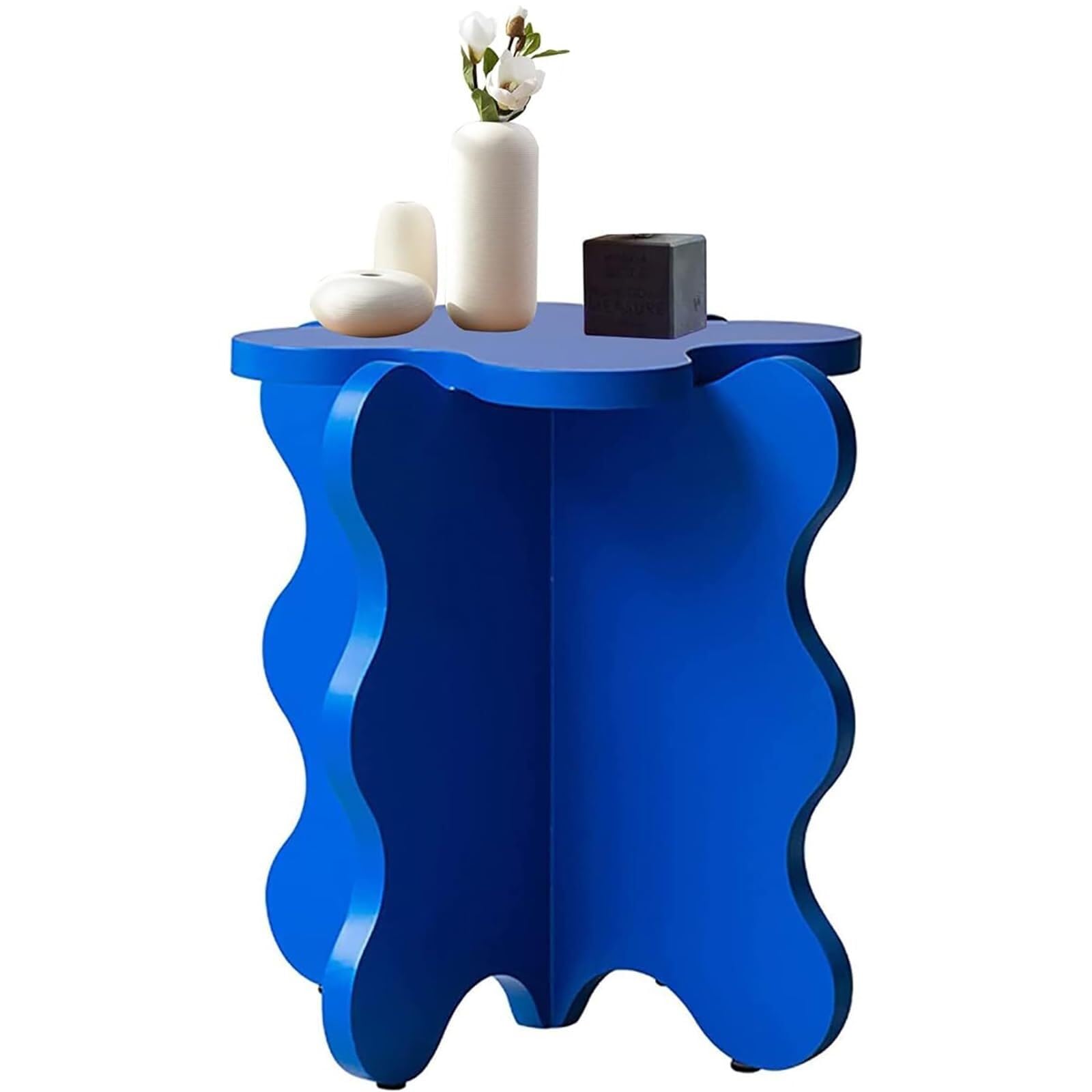 WuJin Mini Blütenblatt Couchtisch, Cartoon Massivholz Beistelltisch Wellenförmiger Nachttisch mit X-förmigen Beinen, Kleiner Farbiger Akzenttisch for Wohnzimmer Schlafzimmer(D Blue)