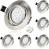 6er LED Einbaustrahler Flach 230V, 5W Warmweiß Schwenkbar Spots Deckenleuchte, Rund Gebürstet Mini 450LM Einbauleuchten Set