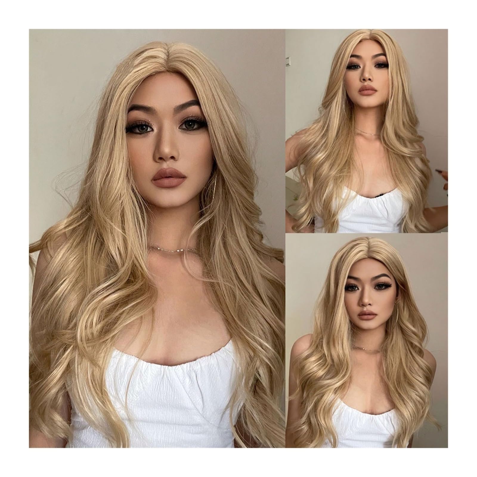 Perücken für Frauen TINY LANA Lange gewellte blonde synthetische Perücken mit Highlights im Mittelteil for Afro-Frauen, Cosplay, natürliches Haar, hitzebeständige Faser für die Tägliche Party Cosplay