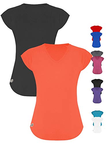 GO HEAVY Damen 2er-Pack Fitness Funktions Sport T-Shirt Laufshirt Kurzarm Schnelltrocknend | Neon Koralle/Dunkelgrau S