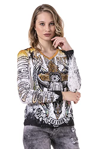 Cipo & Baxx Damen Langarmshirt Pullover V-Ausschnitt Print Longsleeve Sweatshirt WL292 Ecru S