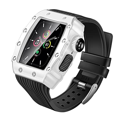 KANUZ Modifikationsarmband für Apple Watch Mod Kit 45, 44 mm, 40 mm, 41 mm, Stoßfänger, Luxus-Hülle, Gummiband, iWatch Serie 7, SE, 6, 5, 4, 3, Set (Farbe: Weiß, Schwarz, Größe: 44 mm)