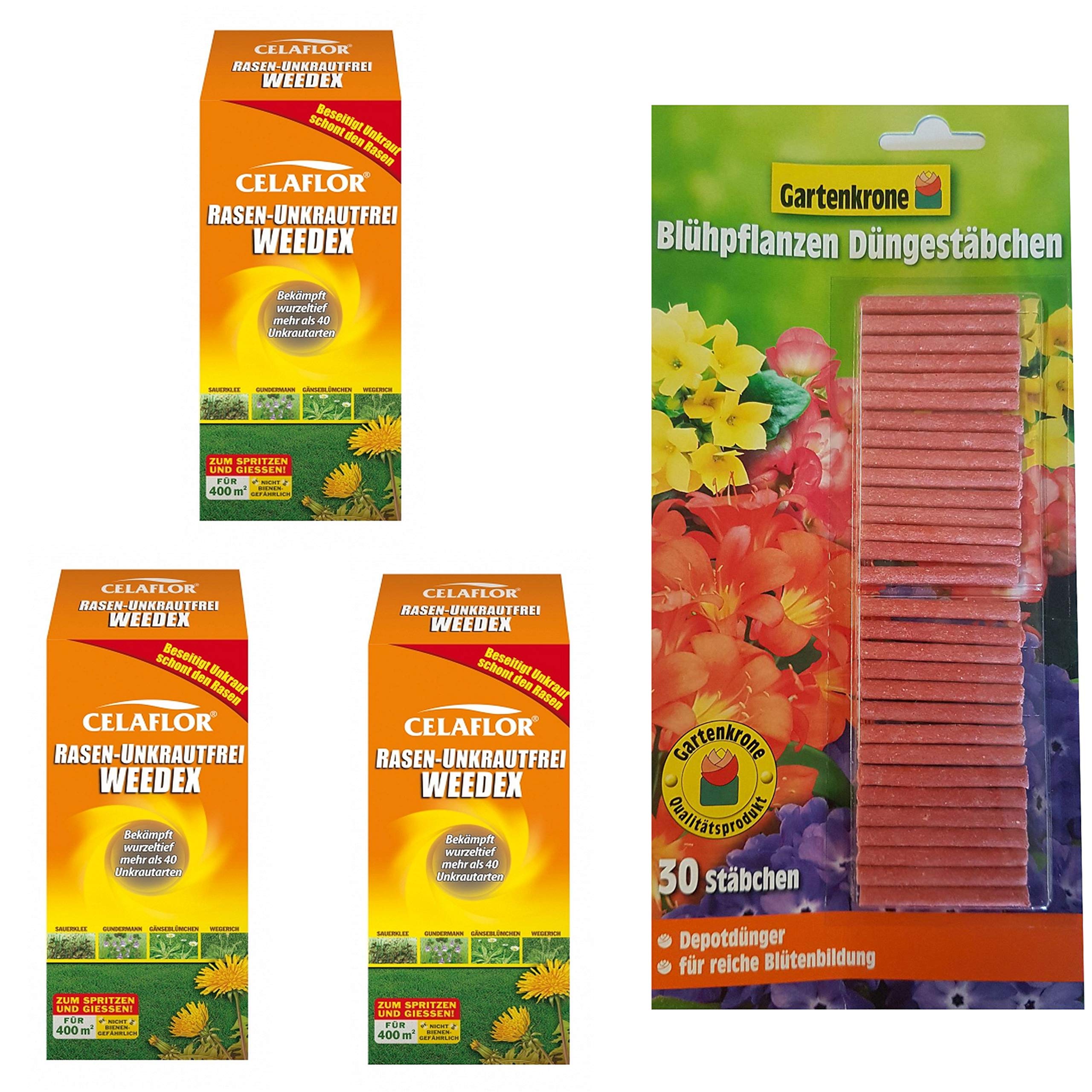 3 x 400 ml Rasen Unkrautfrei WEEDEX + 30er Düngestäbchen